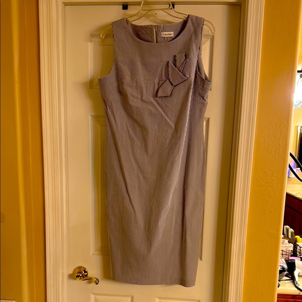 Calvin Klein Navy and White Pinstripe Stretch Sleeveless Sheath Dress